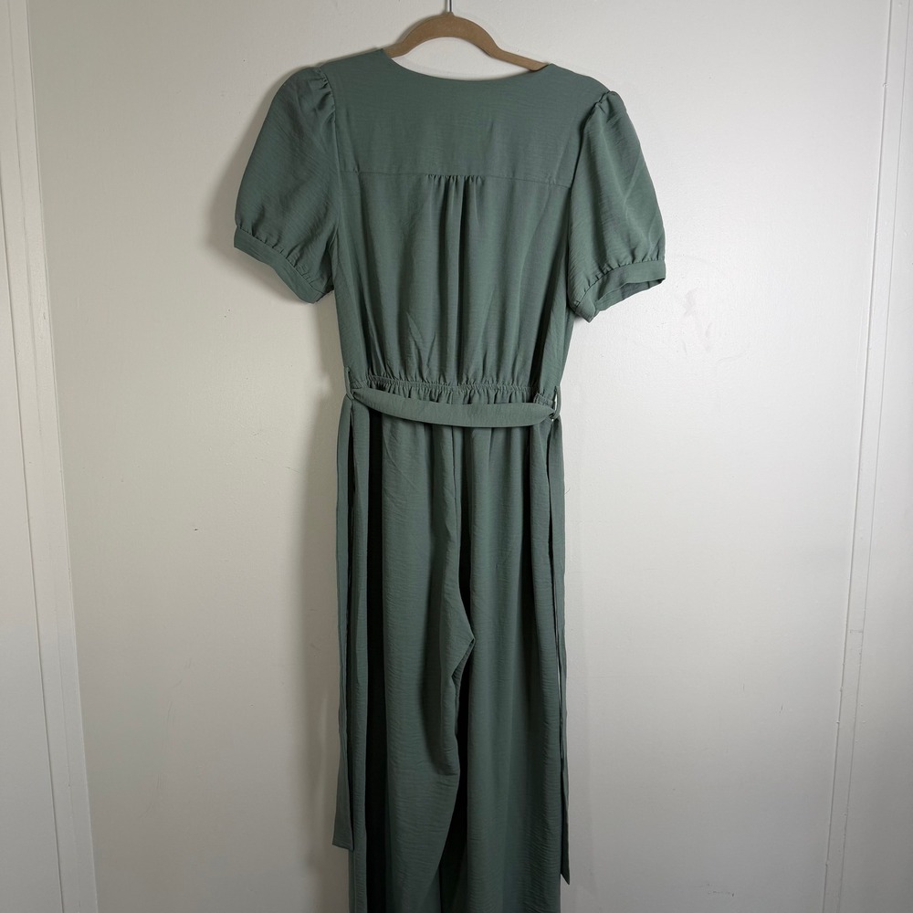 Monteau Jumpsuit Womens Medium Sage Green Wrap V-Neck Puff Sleeve Wide Leg Boho - Picture 5 of 9